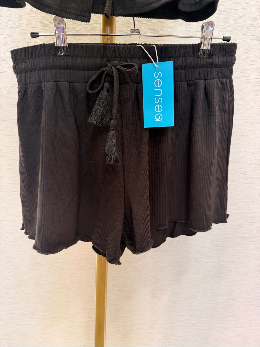 Elan Black Ribbed High-Waist Drawstring Women’s Shorts